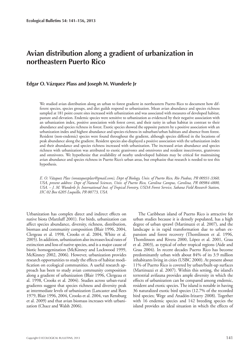 Avian Distribution Along a Gradient of Urbanization in Northeastern Puerto Rico