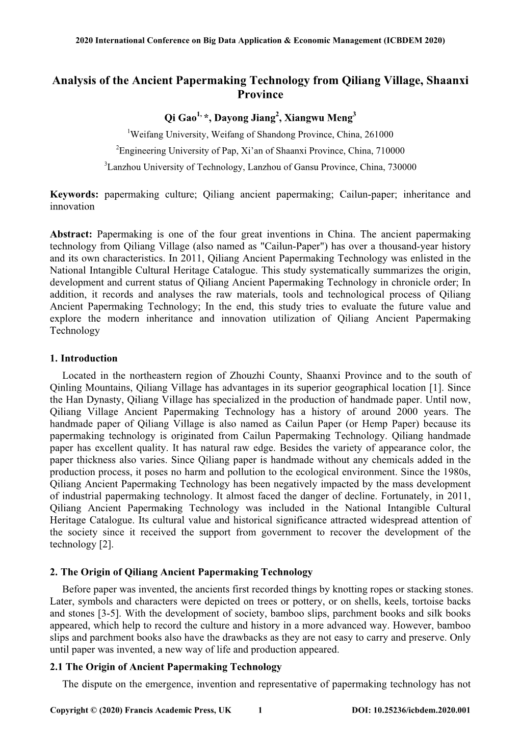 Analysis of the Ancient Papermaking Technology from Qiliang Village, Shaanxi Province