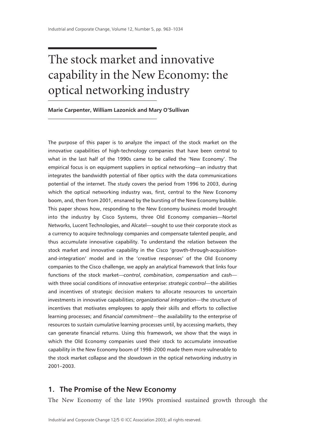 The Stock Market and Innovative Capability in the New Economy: the Optical Networking Industry