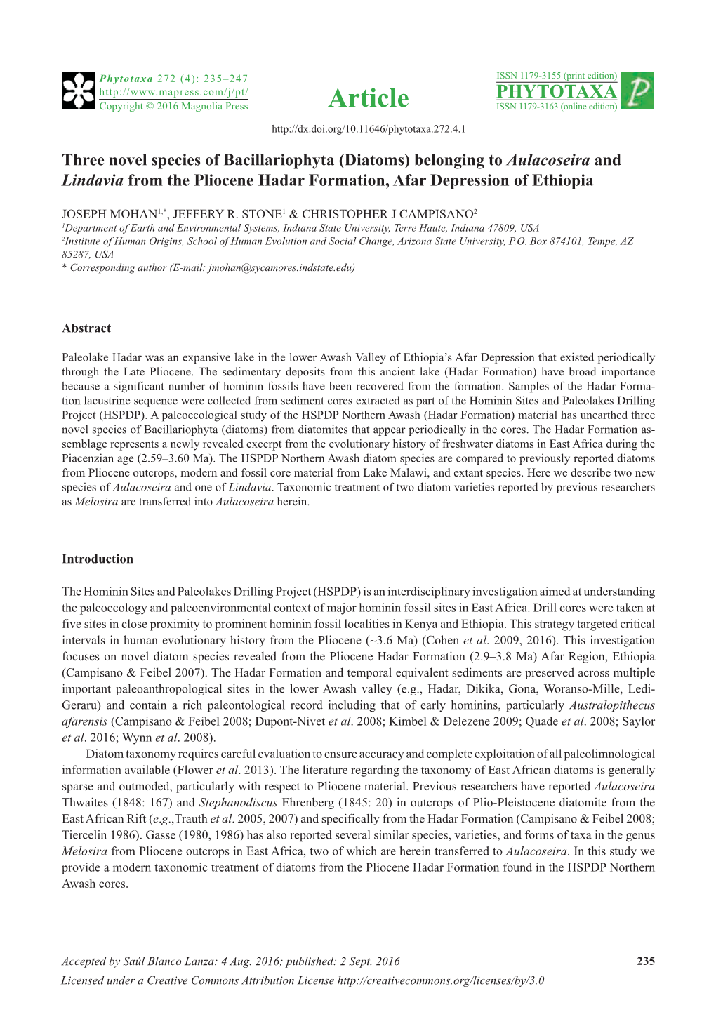 Three Novel Species of Bacillariophyta (Diatoms) Belonging to Aulacoseira and Lindavia from the Pliocene Hadar Formation, Afar Depression of Ethiopia