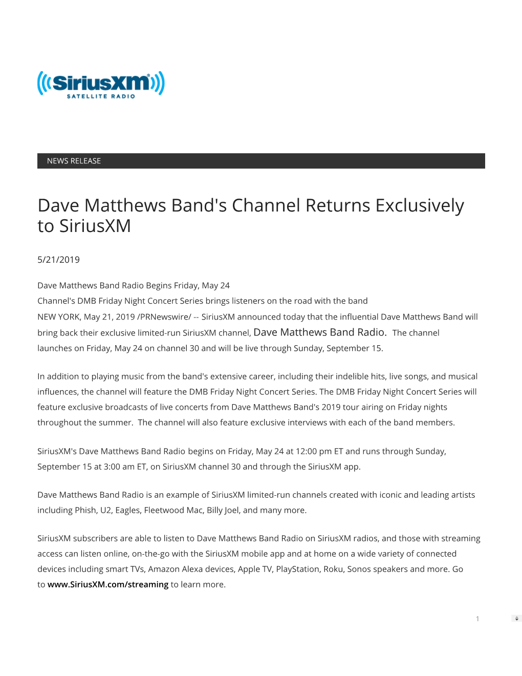 Dave Matthews Band's Channel Returns Exclusively to Siriusxm