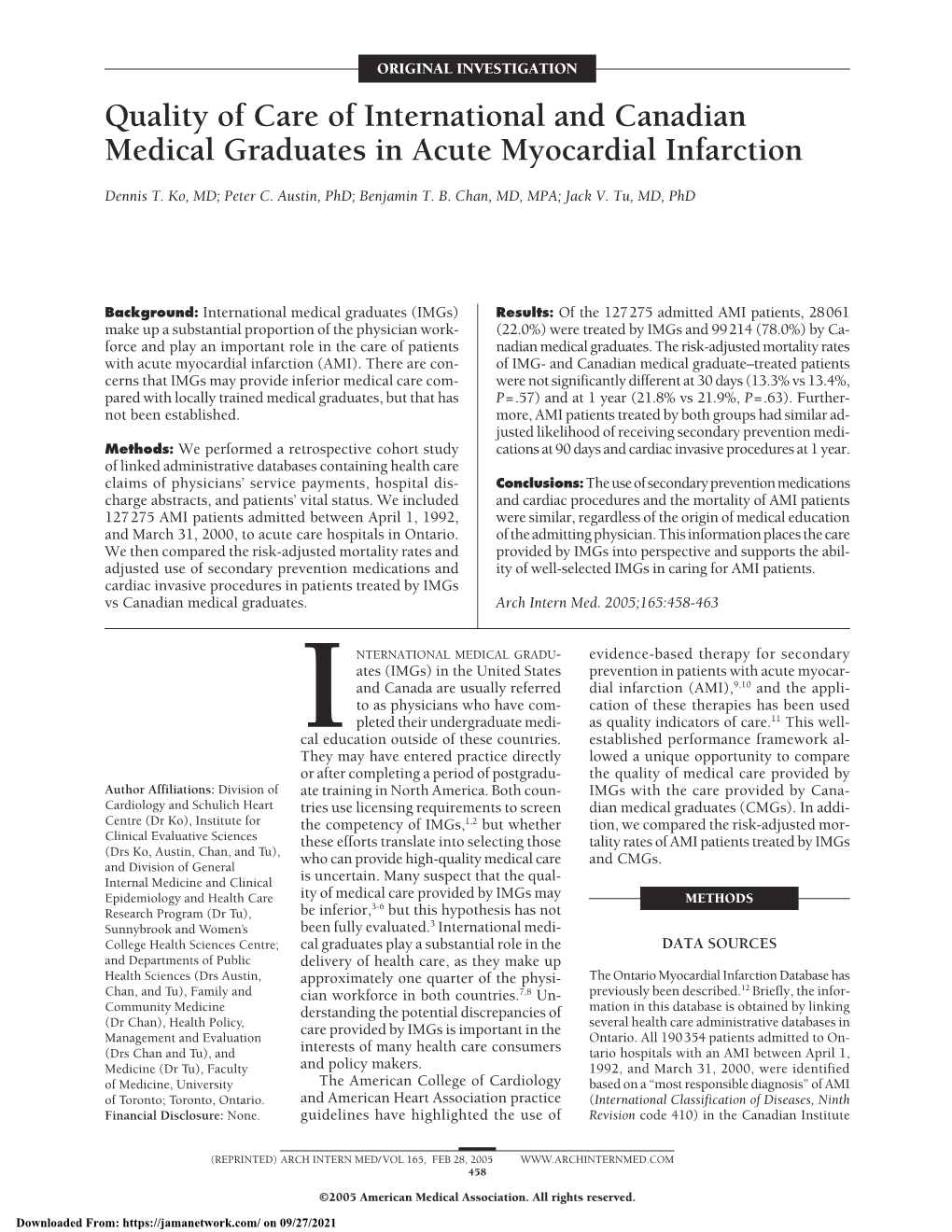 Quality of Care of International and Canadian Medical Graduates in Acute Myocardial Infarction