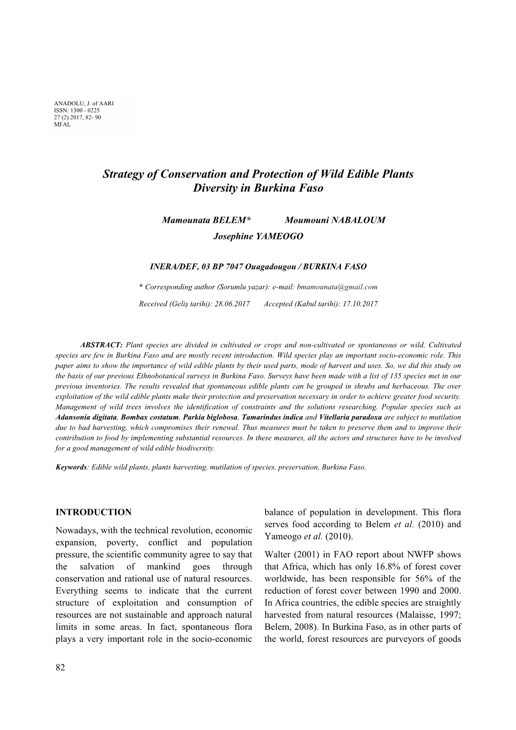 Strategy of Conservation and Protection of Wild Edible Plants Diversity in Burkina Faso