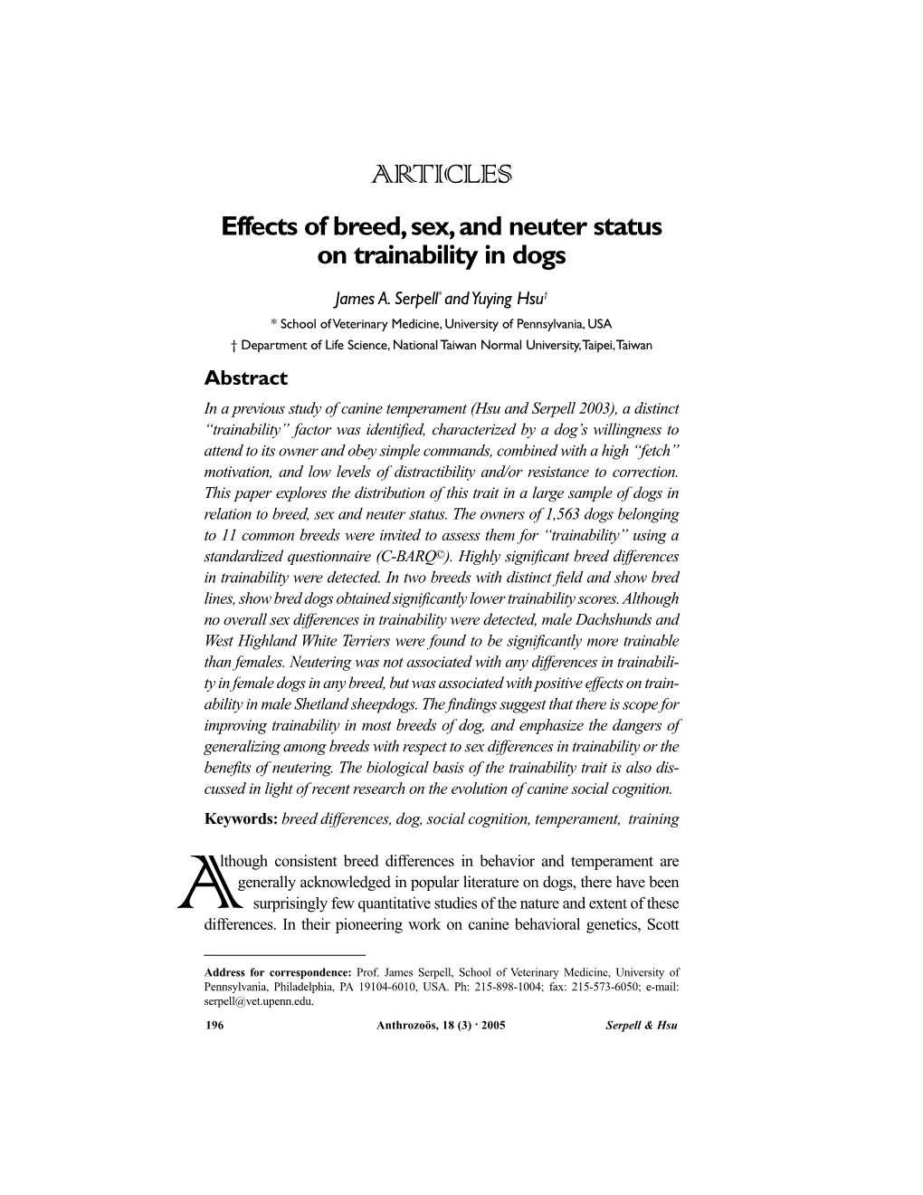 Effects of Breed, Sex & Neuter Status on Trainability in Dogs