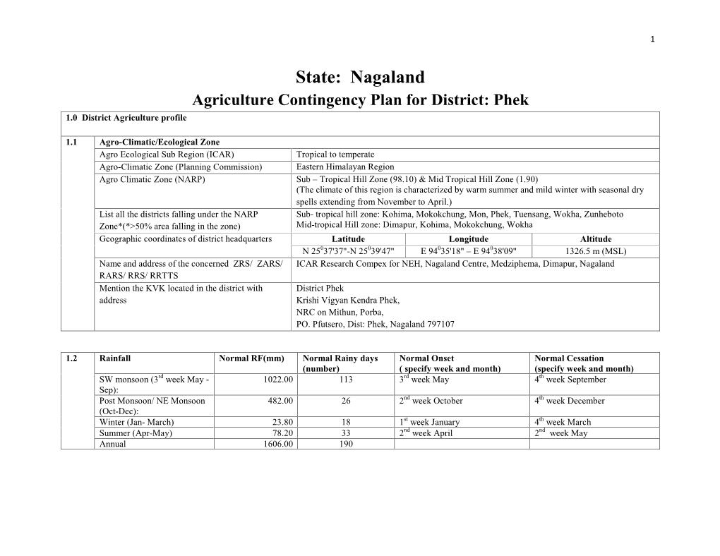 State: Nagaland Agriculture Contingency Plan for District: Phek 1.0 District Agriculture Profile