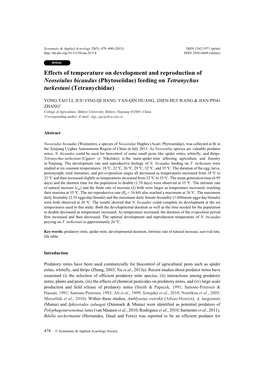 Effects of Temperature on Development and Reproduction of Neoseiulus Bicaudus (Phytoseiidae) Feeding on Tetranychus Turkestani (Tetranychidae)