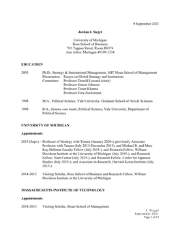 27 May 2021 Jordan I. Siegel University of Michigan Ross School of Business 701 Tappan Street, Room R6374 Ann Arbor, Michigan 48