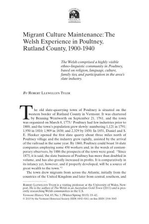 Migrant Culture Maintenance: the Welsh Experience in Poultney, Rutland County, 1900-1940