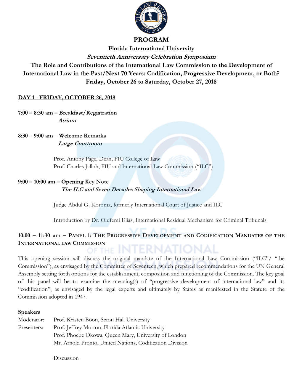 PROGRAM Seventieth Anniversary Celebration Symposium