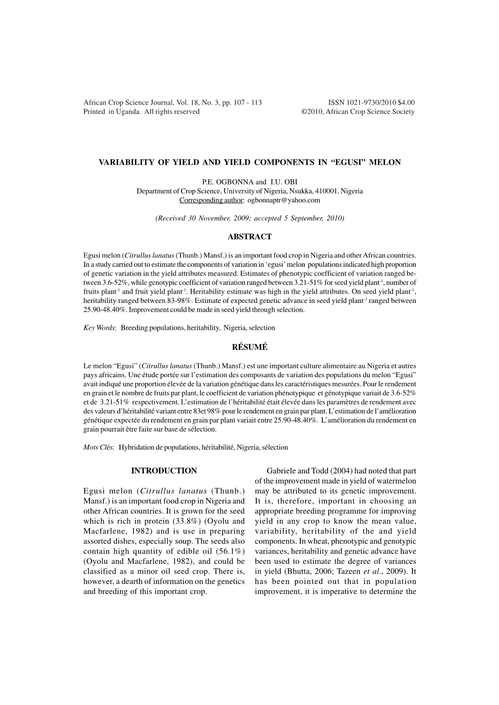 Variability of Yield and Yield Components in “Egusi” Melon