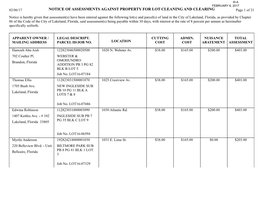 Notice of Assessments Against Property for Lot