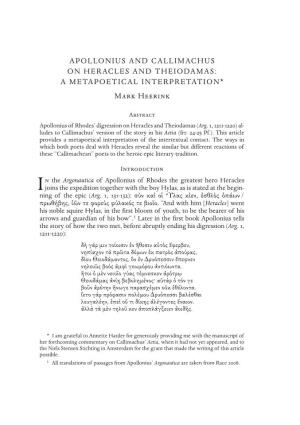 APOLLONIUS and CALLIMACHUS on HERACLES and THEIODAMAS: a METAPOETICAL INTERPRETATION* Mark Heerink