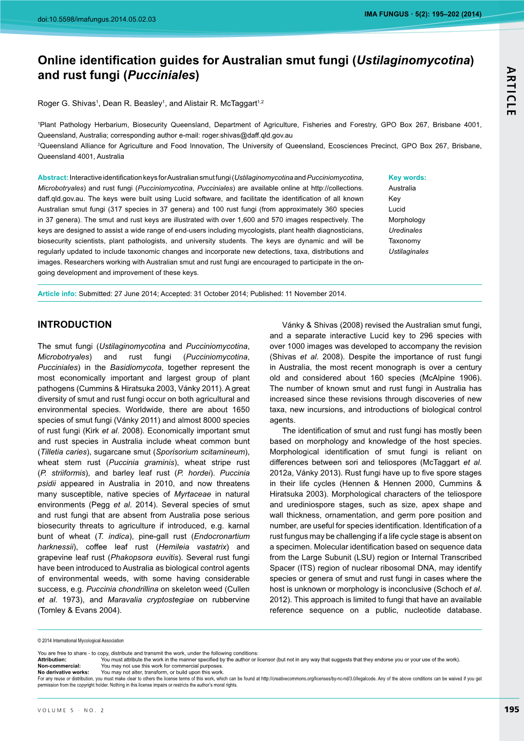 AR TICLE Online Identification Guides for Australian Smut Fungi