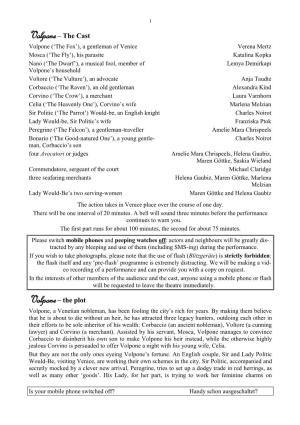 Volpone– the Cast Volpone– the Plot
