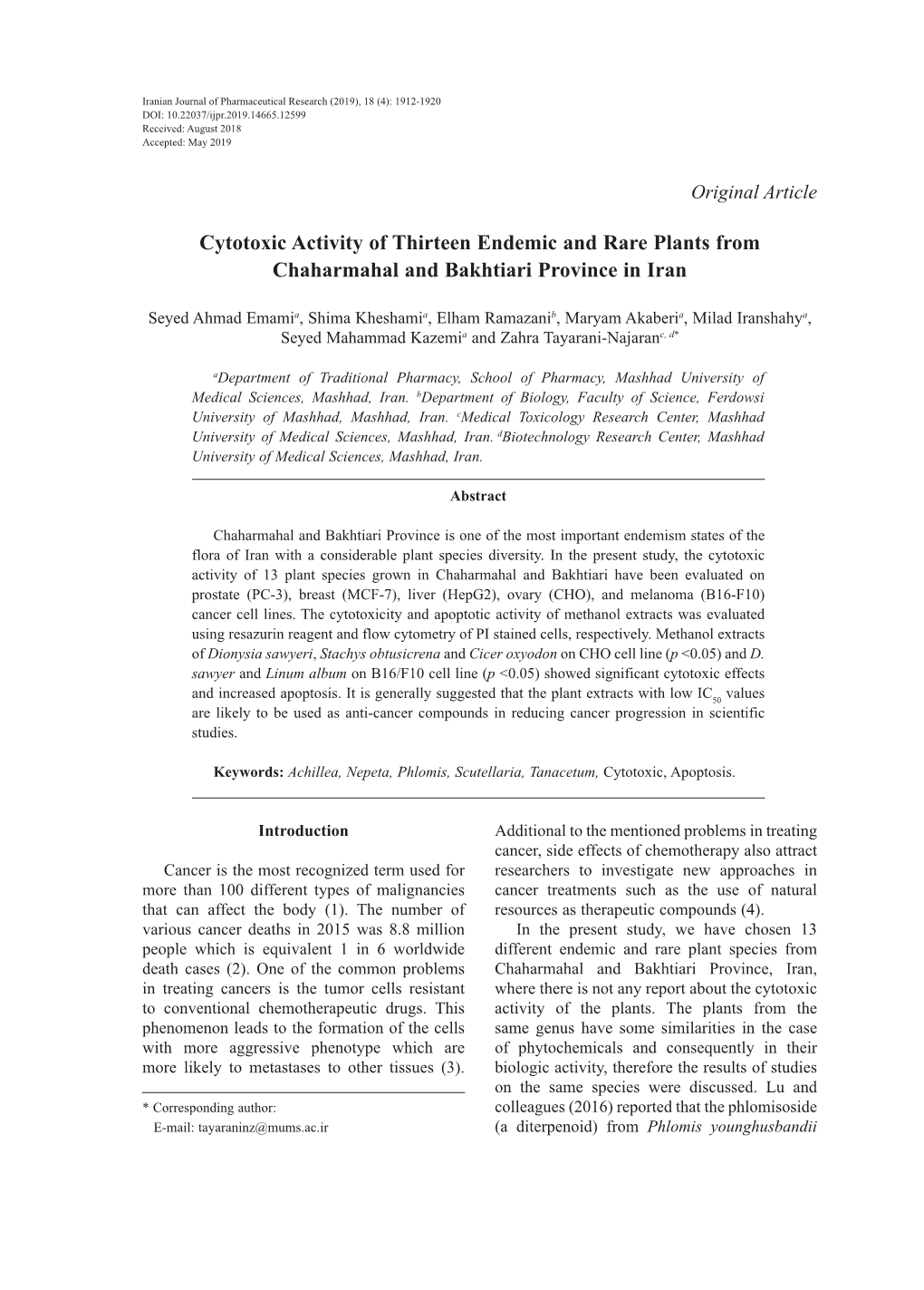 Cytotoxic Activity of Thirteen Endemic and Rare Plants from Chaharmahal and Bakhtiari Province in Iran