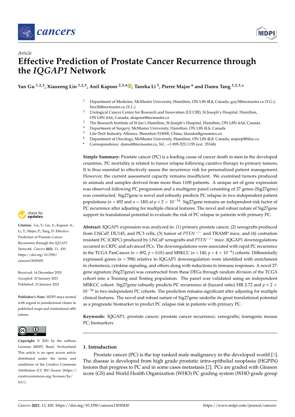 Effective Prediction of Prostate Cancer Recurrence Through the IQGAP1 Network