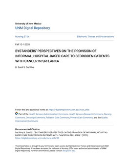 Bystanders' Perspectives on the Provision of Informal, Hospital-Based Care to Bedridden Patients with Cancer in Sri Lanka