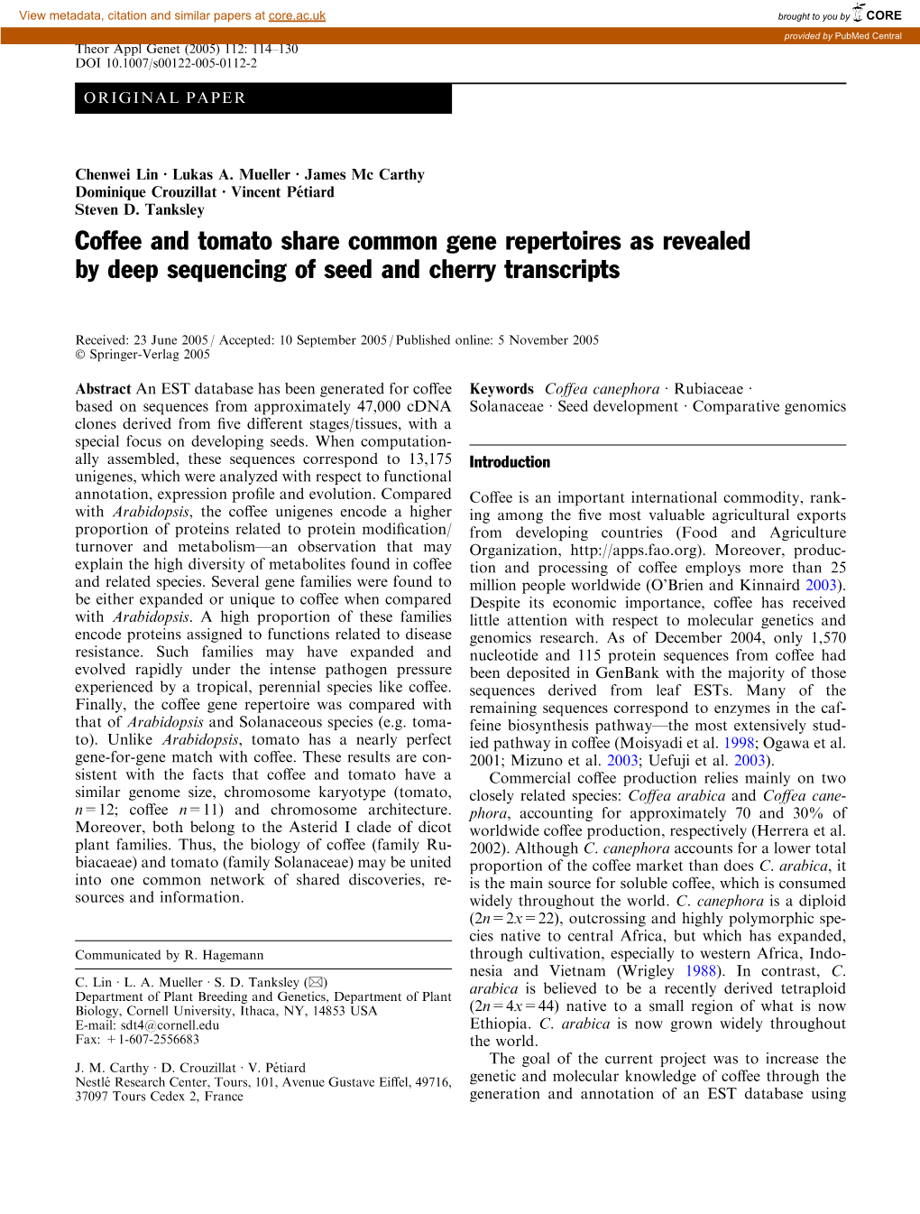 Coffee and Tomato Share Common Gene Repertoires As Revealed by Deep Sequencing of Seed and Cherry Transcripts