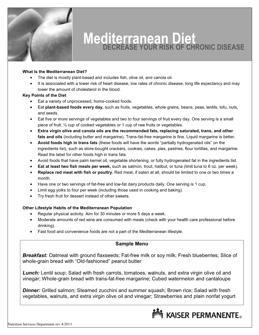 Mediterranean Diet DECREASE YOUR RISK of CHRONIC DISEASE