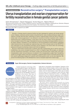 Uterus Transplantation and Ovarian Cryopreservation for Fertility Reconstruction in Female Genital Cancer Patients