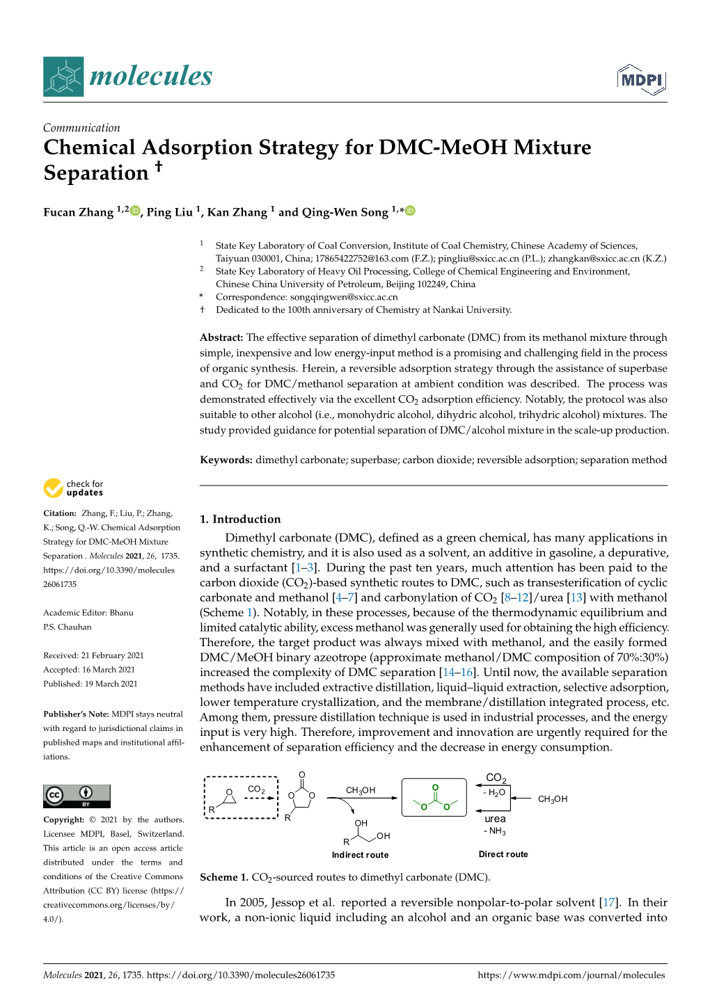 Chemical Adsorption Strategy for DMC-Meoh Mixture Separation †