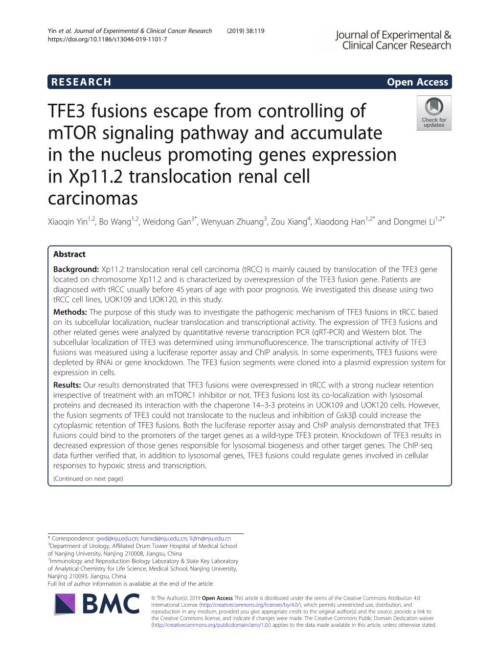 TFE3 Fusions Escape from Controlling of Mtor Signaling Pathway And