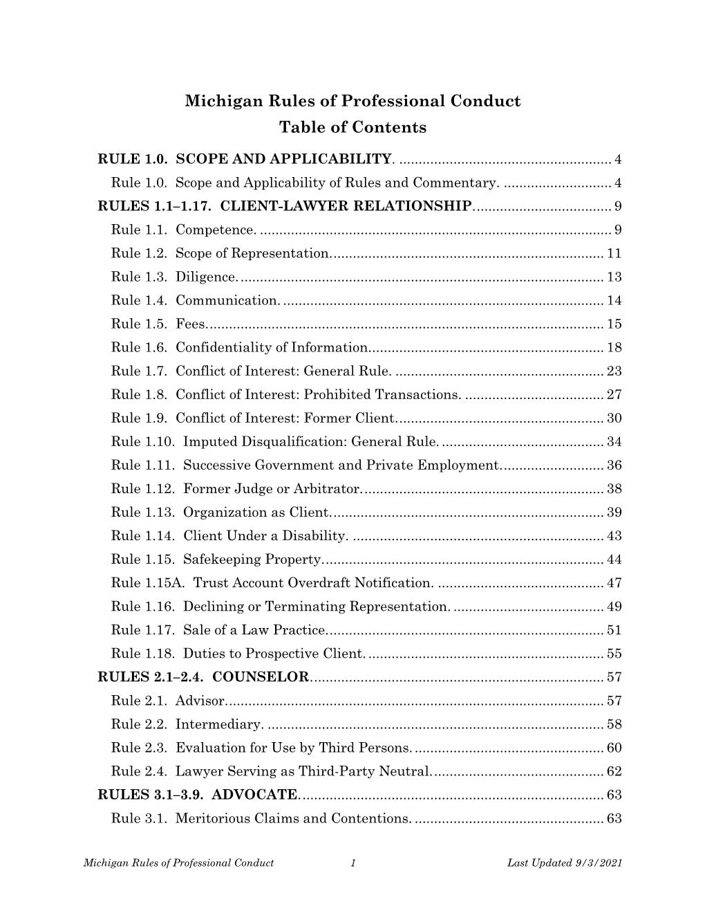 Michigan Rules of Professional Conduct Table of Contents