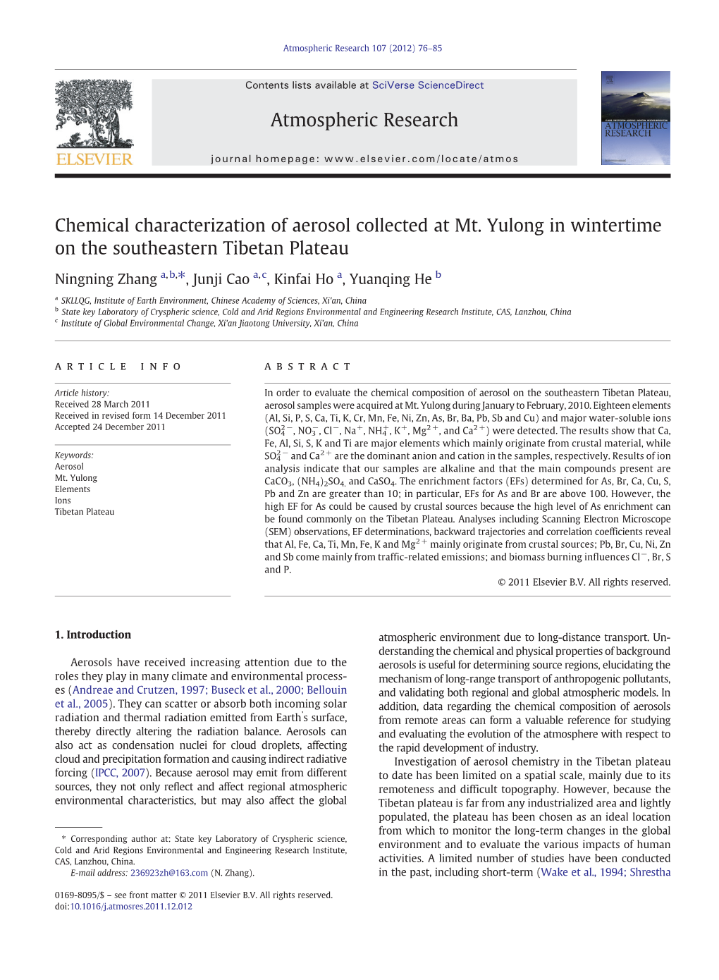 Chemical Characterization of Aerosol Collected at Mt. Yulong in Wintertime on the Southeastern Tibetan Plateau