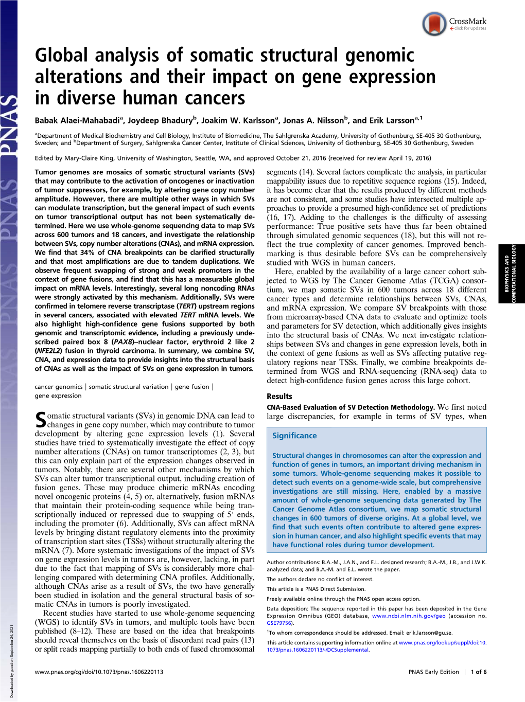 Global Analysis of Somatic Structural Genomic Alterations and Their Impact on Gene Expression in Diverse Human Cancers