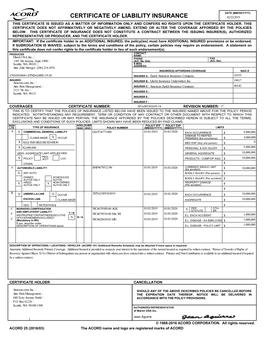 Certificate of Liability Insurance 02/22/2019 This Certificate Is Issued As a Matter of Information Only and Confers No Rights Upon the Certificate Holder