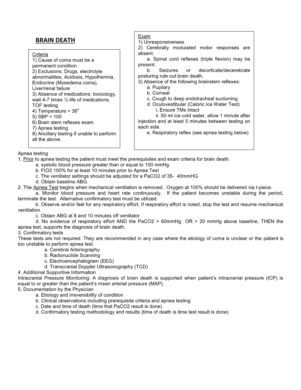 BRAIN DEATH 1) Unresponsiveness 2) Cerebrally Modulated Motor Responses Are Criteria Absent