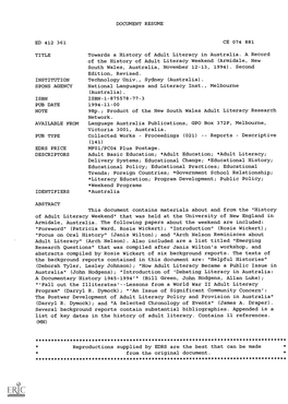 DOCUMENT RESUME Towards a History of Adult Literacy in Australia. a Record of the History of Adult Literacy Weekend (Armidale, N