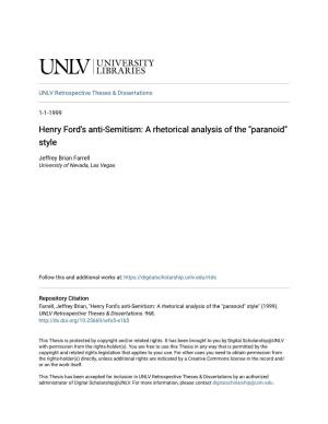 Henry Ford's Anti-Semitism: a Rhetorical Analysis of the "Paranoid" Style