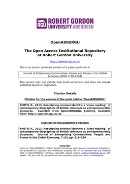 Openair@RGU the Open Access Institutional Repository at Robert Gordon University
