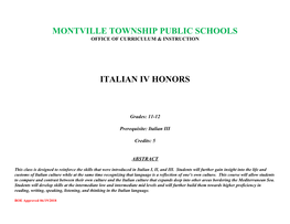 MONTVILLE TOWNSHIP PUBLIC SCHOOLS Italian IV Honors