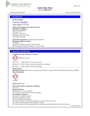 ICP-MS-B · Article Number: ICP-MS-B · Details of the Supplier of the Safety Data Sheet · Manufacturer/Supplier: High-Purity Standards P.O