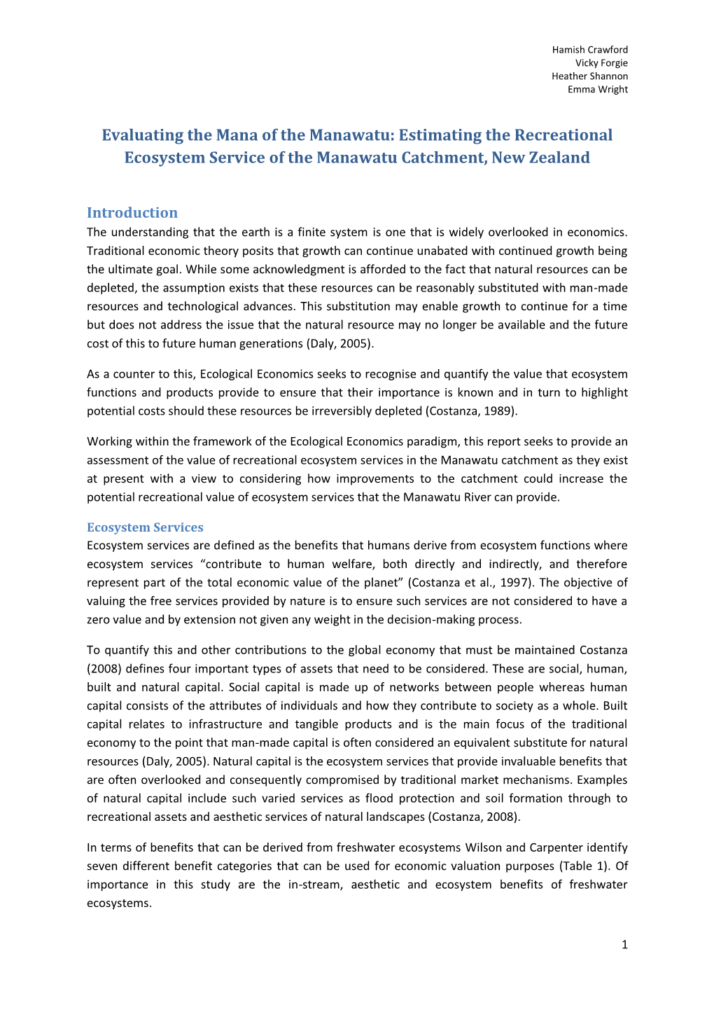 Evaluating the Mana of the Manawatu: Estimating the Recreational Ecosystem Service of the Manawatu Catchment, New Zealand