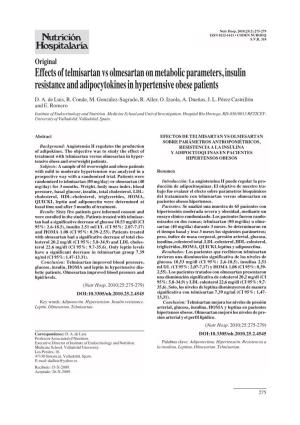 Effects of Telmisartan Vs Olmesartan on Metabolic Parameters, Insulin Resistance and Adipocytokines in Hypertensive Obese Patients