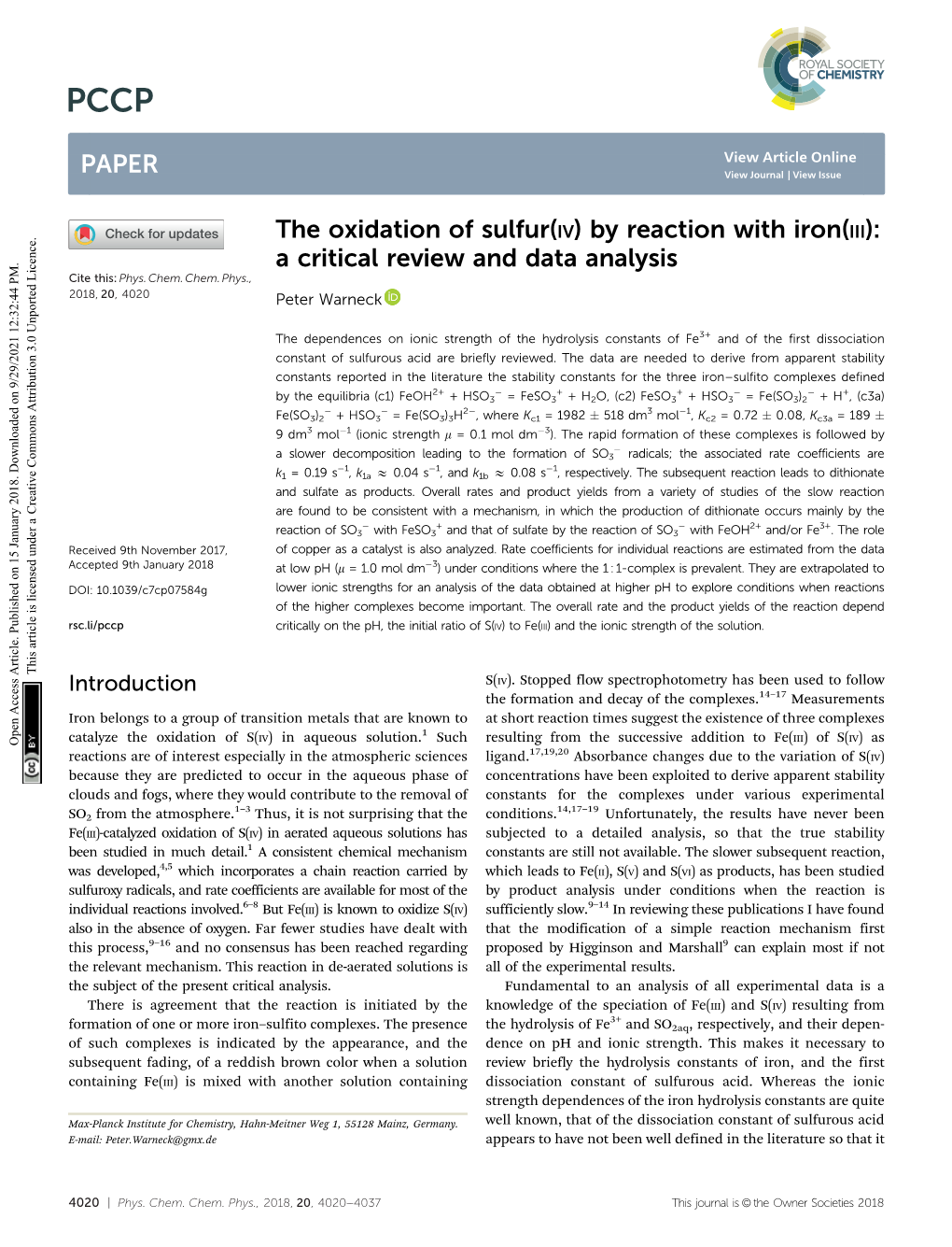 The Oxidation of Sulfur(IV) by Reaction with Iron(III): a Critical Review and Data Analysis Cite This: Phys