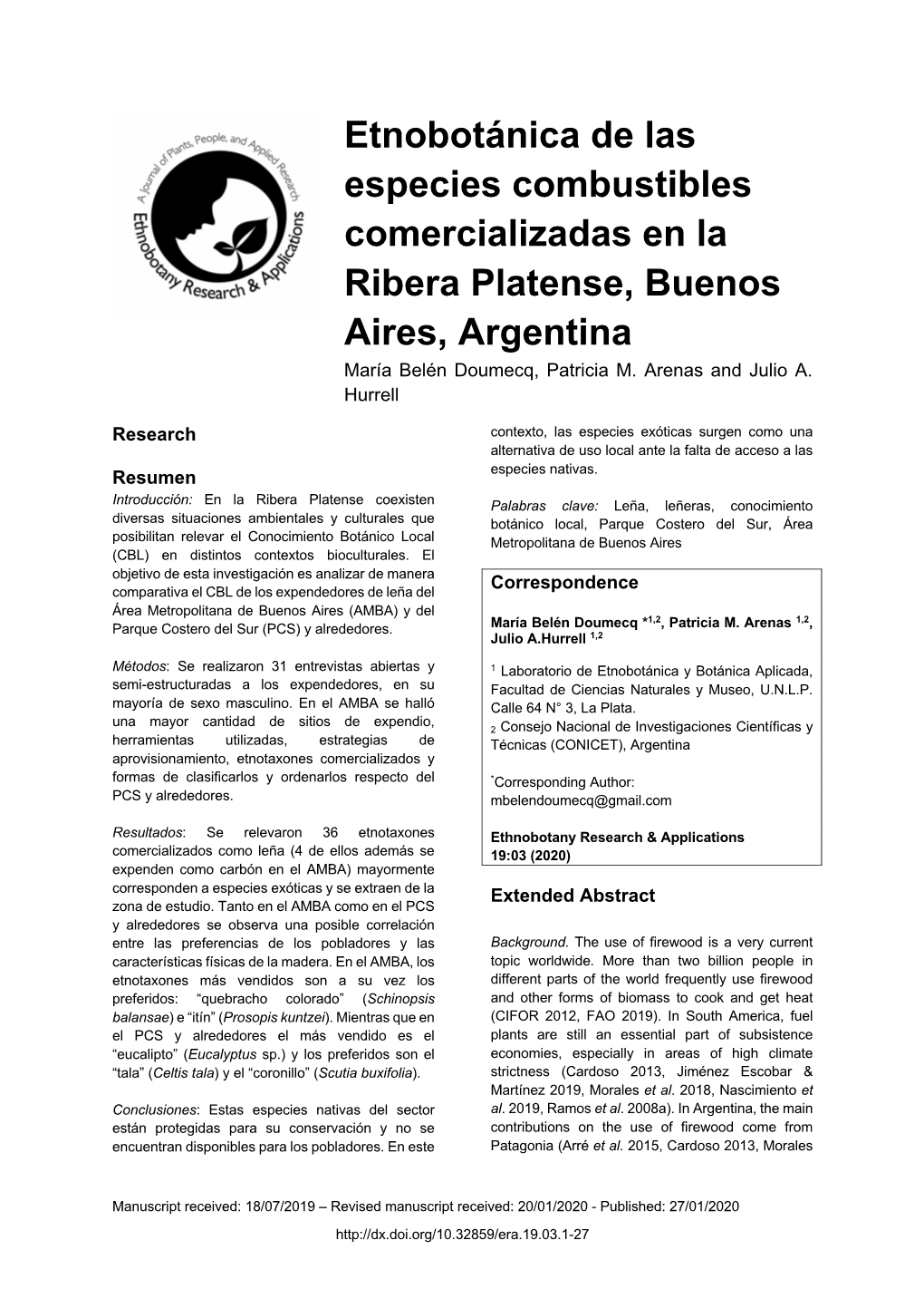 Etnobotánica De Las Especies Combustibles Comercializadas En La Ribera Platense, Buenos