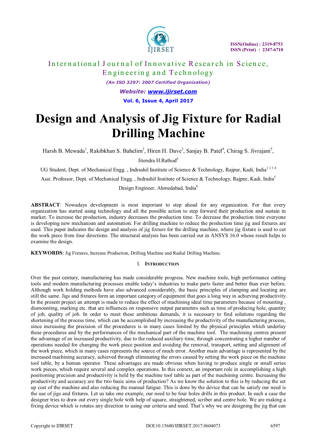 Design and Analysis of Jig Fixture for Radial Drilling Machine