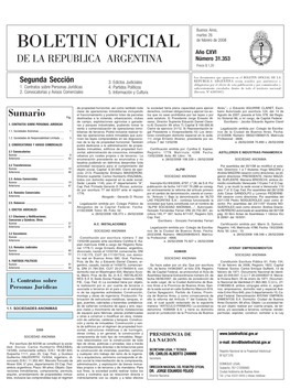 BOLETIN OFICIAL De Febrero De 2008 Año CXVI DE LA REPUBLICA ARGENTINA Número 31.353 Precio $ 1,20