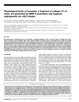 Physiological Levels of Tumstatin, a Fragment of Collagen IV 3