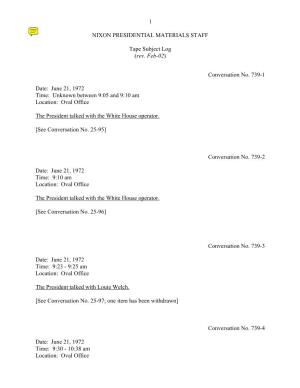 Oval #739: June 21, 1972 [Complete Tape Subject Log]