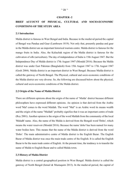 21 ~ CHAPTER -2 BRIEF ACCOUNT of PHYSICAL, CULTURAL and SOCIO-ECONOMIC CONDITIONS of the STUDY AREA 2.1 Introduction Malda Di
