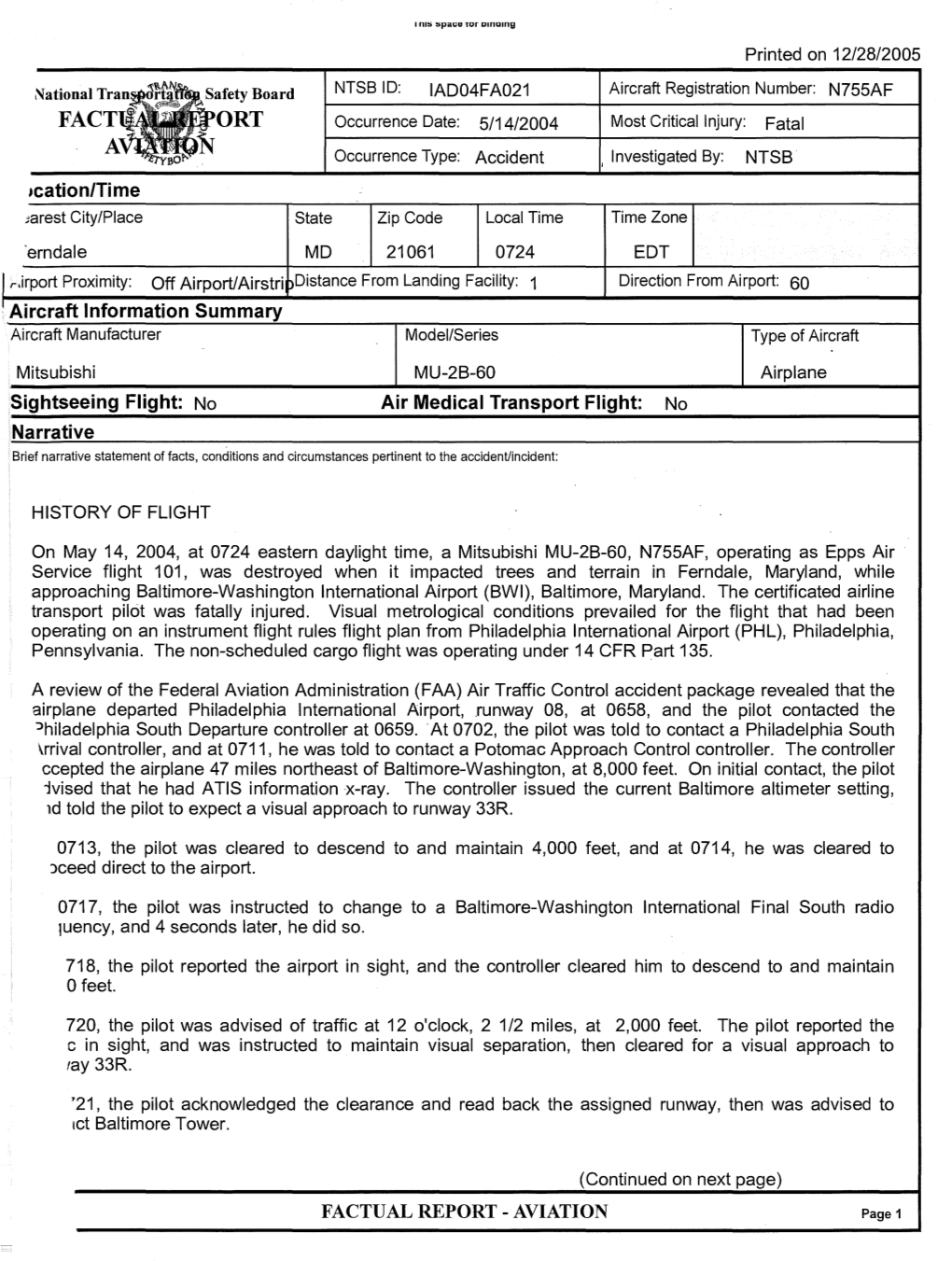 FACTUAL REPORT - AVIATION Page 1 1M~ ~P~I;E Tor Umamg