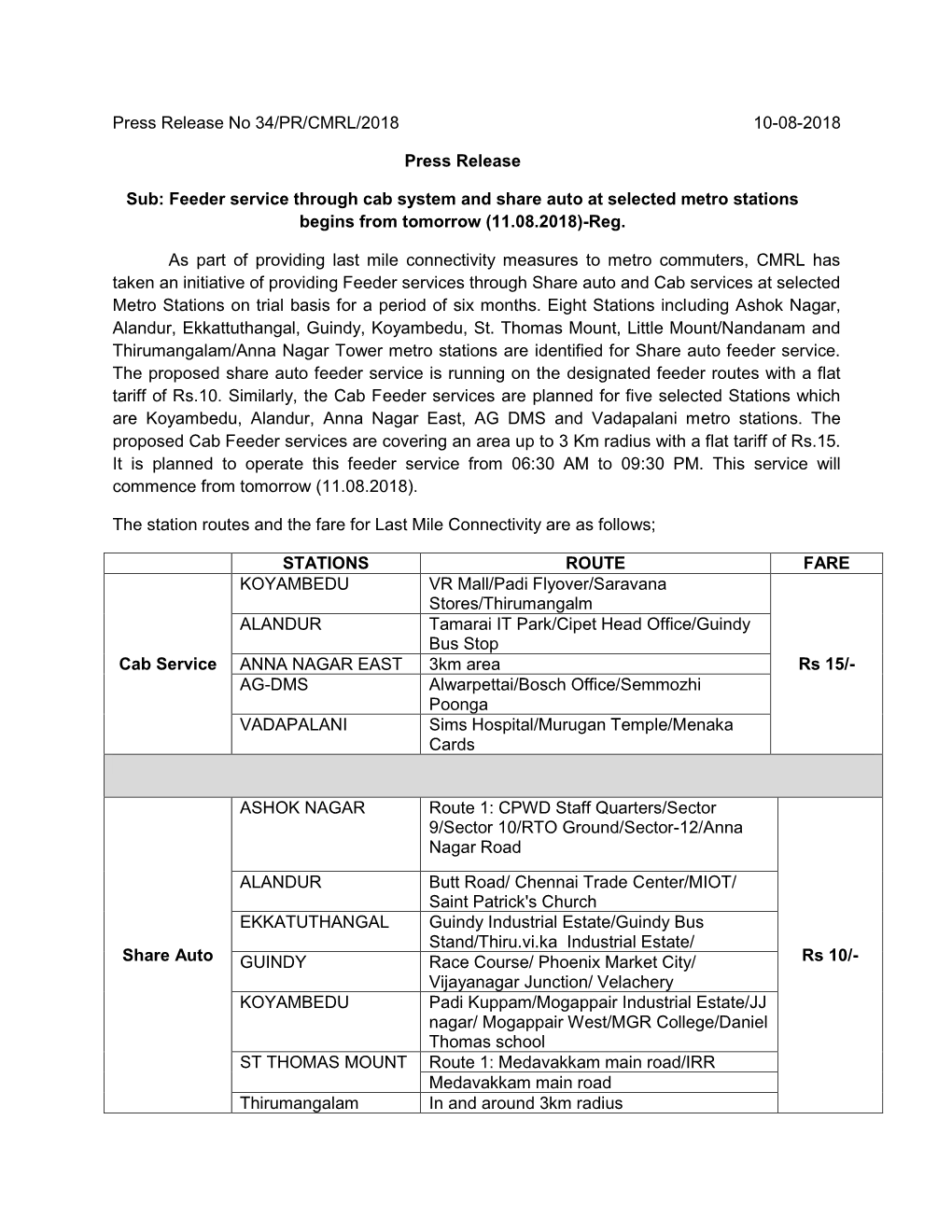 Feeder Service Through Cab System and Share Auto at Selected Metro Stations Begins from Tomorrow (11.08.2018)-Reg