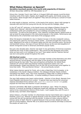 What Makes Klezmer So Special? Geraldine Auerbach Ponders the World Wide Popularity of Klezmer Written November 2009 for JMI Newsletter No 17