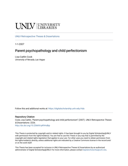 Parent Psychopathology and Child Perfectionism