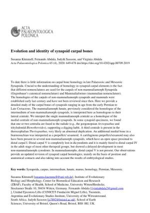 Evolution and Identity of Synapsid Carpal Bones